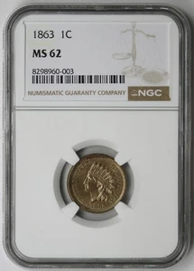 1863 Indian Head Penny 1C MS 62 NGC Civil War Date - Picture 1 of 4