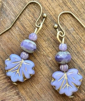 Bronze with Lavender Leaf Dangle Earrings. Fall. Nature. - Image 1 of 3