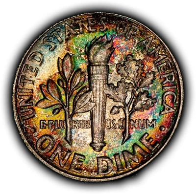 1959 10c Silver Roosevelt Dime - PQ Rainbow Toning - BU - SKU-Z6383 - Image 1 of 4