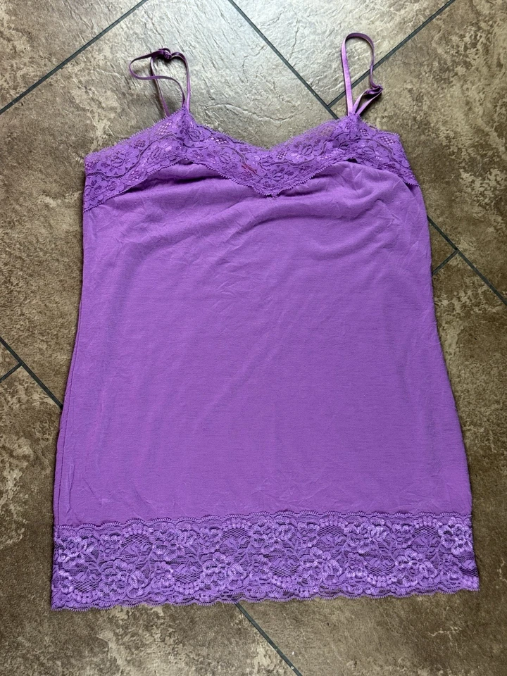Y2K Bongo Long Lace Cami L Fairy Dainty Coquette Top Stretch Shirt Purple VTG - Image 1 of 4