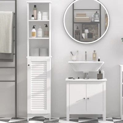 Wooden Collection Tall Bathroom Linen Tower with Adjustable Shelving & Cupboard - Image 1 of 4