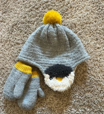 Bebé Mini Boden Gris y Amarillo Pingüino Sombrero y Mitones Conjunto 12-24 Meses Pom Pom Foto 1 de 4