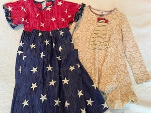 Lot 2 Boutique Girls Sz 7 Ricrac Ruffles In Stitches Tan Ruffle Patriotic Dress - Picture 1 of 13