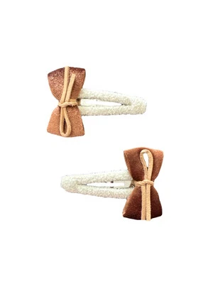 Brown Velvet Bow Crochet White Fabric 2 Piece Hair Clip Set - Image 1 of 2