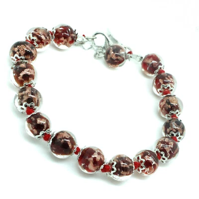 Murano Glas Armband Rot Braune Silber Handgemacht Venice 15 Perlen Italien - Bild 1 von 4