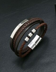 Mens Brown Leather Bracelet Wristband Stainless Steel Clasp Jewellery Gift. New