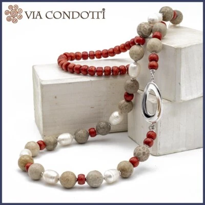 Collana lunga in Corallo Perle e Grossularia in pietre dure naturali argento 925 - Immagine 1 di 4
