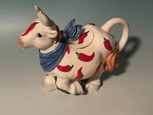Oci Omnibus Red Chili Pepper Cow Tea Pot  W/ Lid Blue Bandanna Indonesia ￼ - Picture 1 of 8