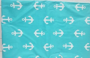 Flannel Back Vinyl Tablecloth 52"x104" Oblong, NAUTICAL,WHITE ANCHORS ON AQUA,AP - Picture 1 of 19