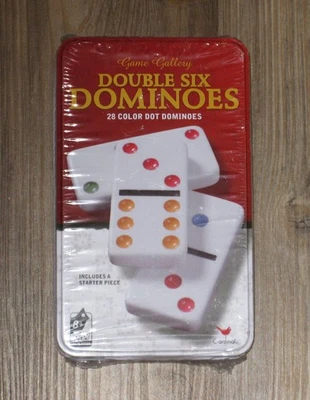 Cardinal Double Six Dominoes 28 Color Dot Dominoes Set in Storage Tin New Sealed - Image 1 of 3