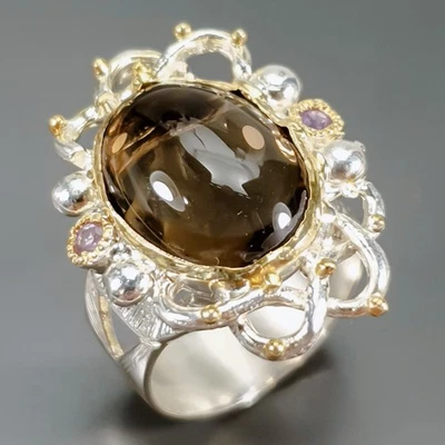 Anillo de cuarzo ahumado natural hecho a mano de 12 quilates + plata de ley 925 tamaño 8,5 / R446133 Foto 1 de 4