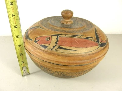 V RARO Fino Antiguo Cuenco de Madera Indígena de la Costa Noroeste Salmón Pintado a Mano Foto 1 de 4