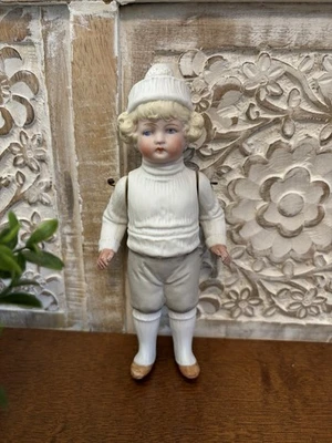 6 3/4" Antique All Bisque Boy Molded on Clothes/Hat ~ Hertwig, Made in Germany - Image 1 of 4