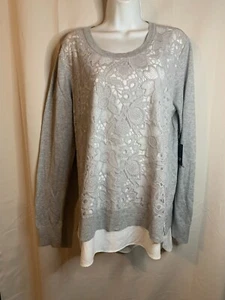 NWT Women's Simply Vera Wang Size L - Gray Layered Lace Sweater Blouse JM - Picture 1 of 6