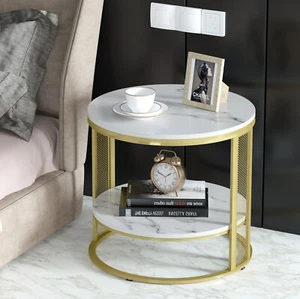 2 Tiers Solid Marble Top Round Coffee Table Lounge Living Room Modern Gold Legs - Picture 1 of 12