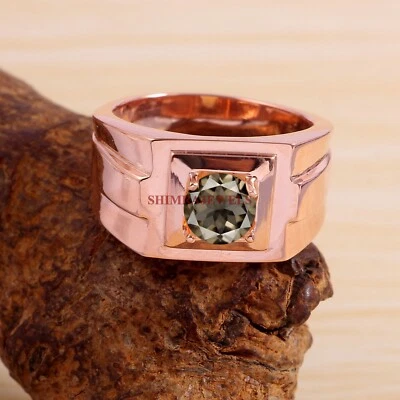 Naturale Fumoso Quarzo Con 18K Argento Placcato Oro Rosa Anello per Uomo #1913 - Immagine 1 di 4