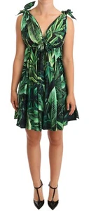 DOLCE & GABBANA Dress Green Leaves Print Cotton Flared Mini IT38/ US4 / XS - Picture 1 of 8