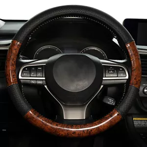 Car Steering Wheel Cover Black Leather Breathable Wood Grain Non-slip 38cm 15'' - Picture 1 of 9