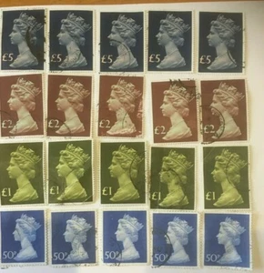 20 BRITISH LARGE STAMPS MIXED £5, £2, £1, 50P - OFF PAPER, GOOD CONDITION - Picture 1 of 1