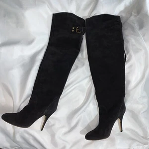 pre-loved authentic CHLOÉ size 36 black suede STILETTO knee high BOOTS - Picture 1 of 14