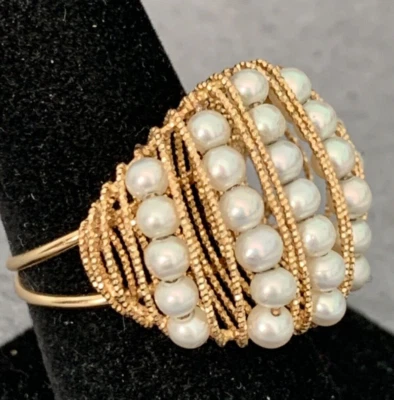 Anillo cúpula envuelto en alambre y perlas cultivadas 14K 5 filas - tamaño 8 Foto 1 de 4