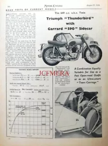 TRIUMPH 'Thunderbird' 649cc Motor Cycle & Sidecar - 1956 Magazine Report Cutting - Picture 1 of 1