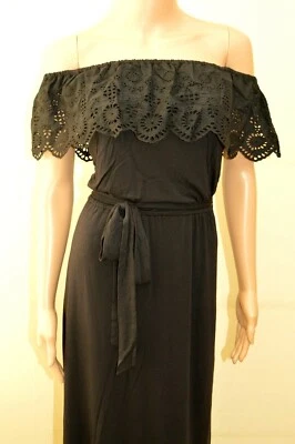 New Lipsy Black Jersey Broderie Frill Bardot Maxi Dress Sz UK 8 10 & 12