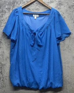 Dressbarn Blouse Women's Size 18/20 Blue Polka Dot V-Neck Tied Short Sleeve - Picture 1 of 8