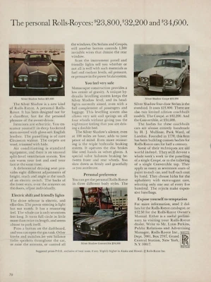 1971 Rolls Royce Silver Shadow Sedan Convertible Coupe Photo Vintage Print Ad - Image 1 of 2