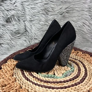Ramon Tenza Sz 7 Womens Black Suede Glitter Sparkle High Cone Block Heels Shoes - Picture 1 of 8