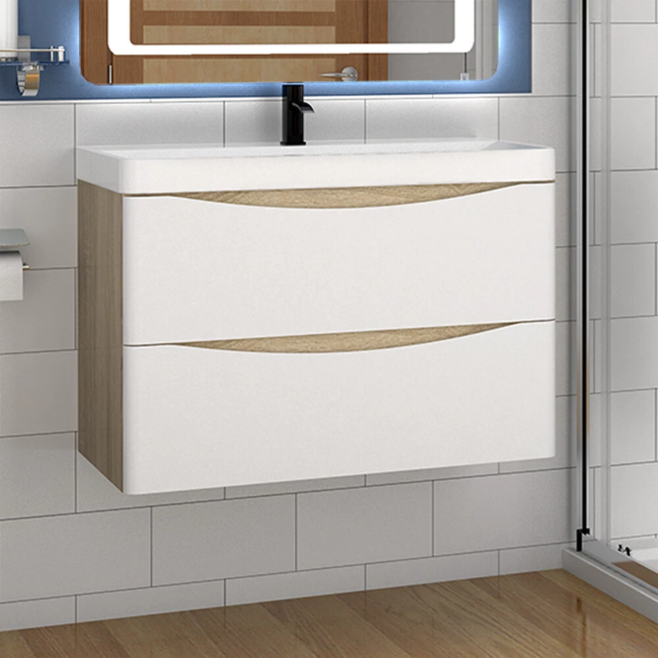Wall Hung Bathroom Vanity Unit with Gelcoat Resin Stone Basin Storage Two Drawer