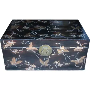 Black Antique Chinese Leather Trunk w/Embossed Butterflies (30-059) - Picture 1 of 6