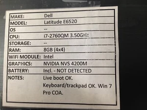 Dell Latitude E6520 *Parts/Repair* i7/8GB/BATT - No OS/HDD/CHRG - Picture 1 of 6