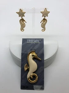 Juego de broches y pendientes Trifari TM esmalte crema tono dorado caballito de mar vintage firmados - Imagen 1 de 8