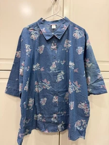 Denim Blue Butterfly Floral Plus Size Button Down Shirt American Sweetheart - Picture 1 of 5