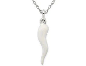 White Enamel Italian Horn Pendant in Sterling Silver with Chain - Picture 1 of 5