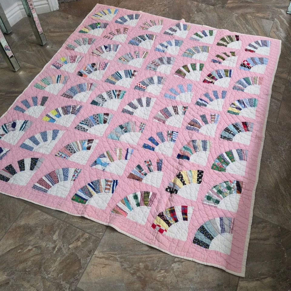 Edredón abanico rosa hecho a mano retazos vintage estilo abuela costura artesanía Foto 1 de 4