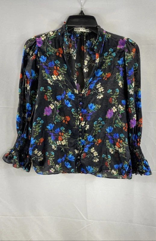 Blusa para mujer Alice + Olivia Willa negra floral mezcla de seda manga abullonada XS Foto 1 de 4