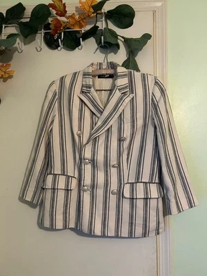 Lauren Ralph Lauren 条纹西装外套黑色标签女式 8 双排扣亚麻 V — 第 1/4 张图片