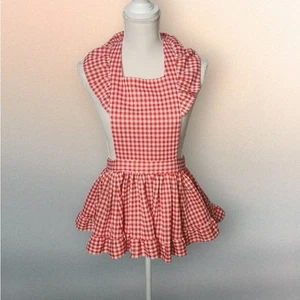 Handmade Retro Cooking Full Apron One Size Red White Check Tie Waist Ruffle - Picture 1 of 2