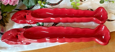 2 Boston Warehouse Seafood Party Red Slim Ceramic Lobster Appetizer Boat Tray - Image 1 of 3