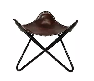 Marrón Vintage Cuero Mariposa Silla Reposapiés Resto Plegable Taburete Salón - Imagen 1 de 4
