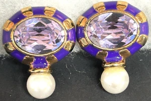 DE COLECCIÓN HECHO EN ITALIA Amatista VIDRIO PÚRPURA ORO PERLAS CLIP EN PENDIENTES 1" - Imagen 1 de 5