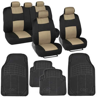 Beige / Black Car Interior Split Bench Seat Covers Black Rubber Mats - 13 Pc Set - Image 1 of 4