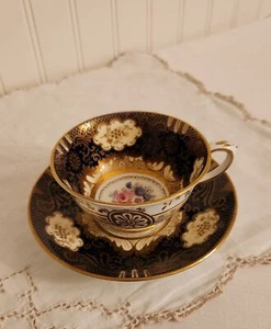 Vintage Crown Staffordshire Tea Cup & Saucer Cobalt Blue Pink Rose Gold Gilt - Picture 1 of 16