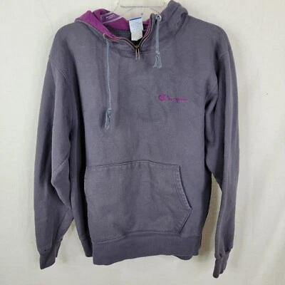 Champion Mujer Grande/XL HECHO EN EE. UU. Cuarto Cremallera Gris Oscuro Púrpura Sudadera con Capucha De Colección Foto 1 de 4