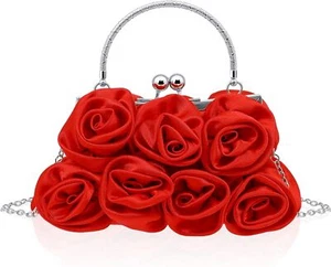 Women Roses Satin Clutches Purses Floral Evening Handbag Clutch Red - Picture 1 of 7