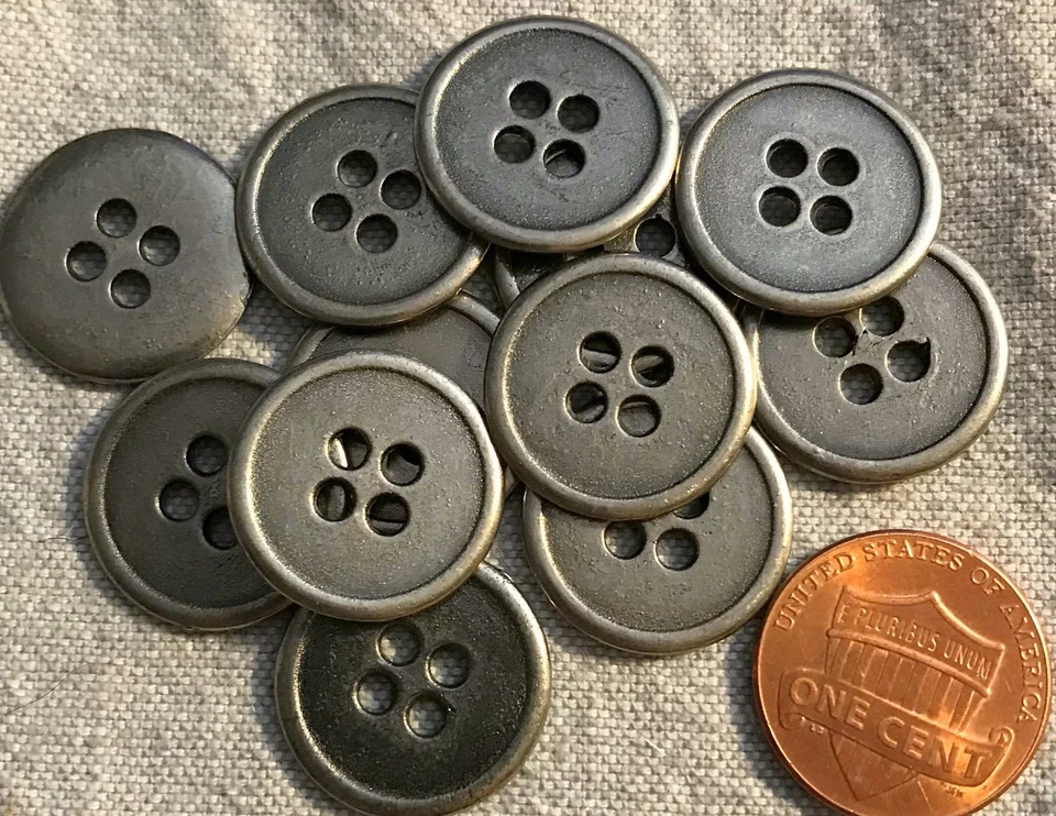 12 Rimmed Brushed Silver Tone Metal Sew-through 4-hole Buttons 11/16" 18mm 3667 - Image 1 of 1