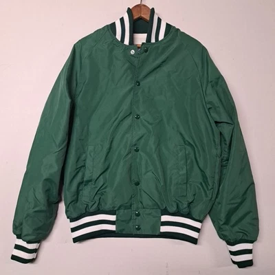 Jaqueta Vintage Anos 90 Champion Varsity Bomber Coaches Feita Nos EUA Verde Branco M - Imagem 1 de 4