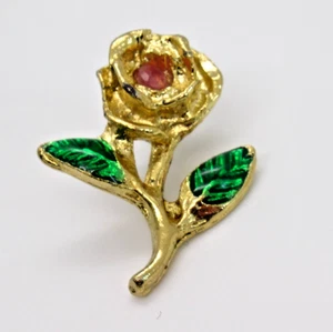 Gold Tone Rose Lapel Pin Green Enamel Leaves Pink Center Vintage Floral Accent - Picture 1 of 5